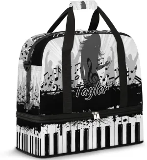 Customized Gym Bag for Women, Personalized Piano Keyboard Travel Duffel Bag with Name, Music Weekender Overnight Bag with Shoes Compartment for Men Travel Yoga
