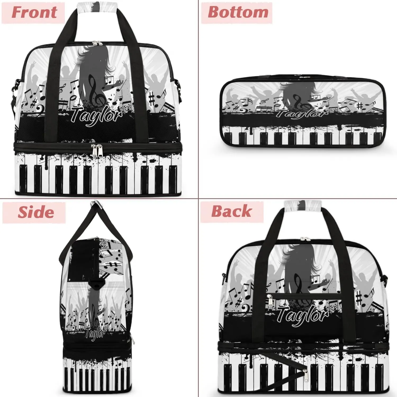 Customized Gym Bag for Women, Personalized Piano Keyboard Travel Duffel Bag with Name, Music Weekender Overnight Bag with Shoes Compartment for Men Travel Yoga