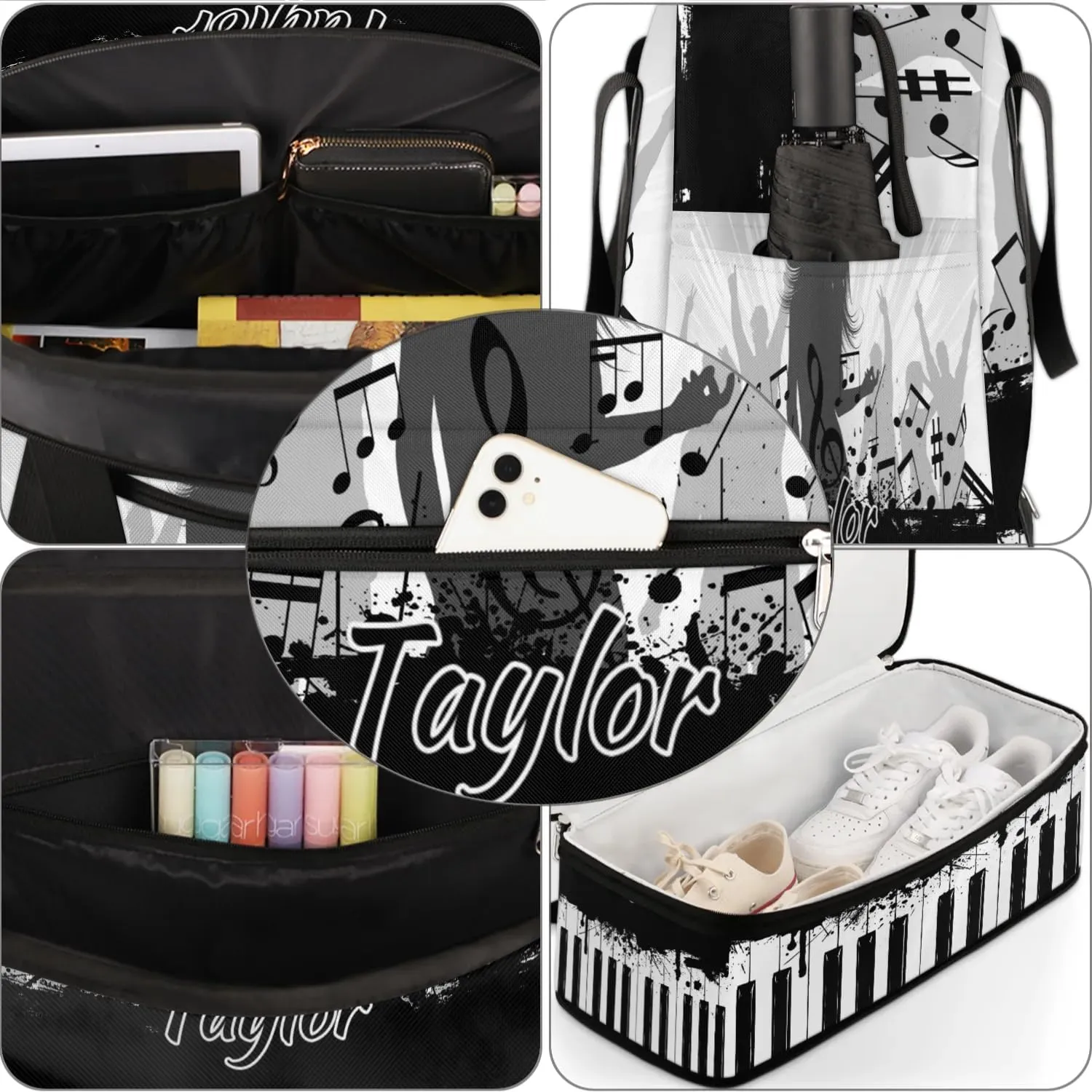 Customized Gym Bag for Women, Personalized Piano Keyboard Travel Duffel Bag with Name, Music Weekender Overnight Bag with Shoes Compartment for Men Travel Yoga