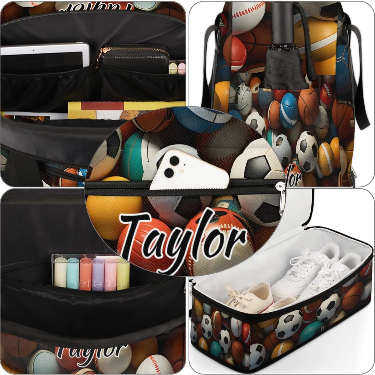 Customized Gym Bag for Women, Personalized Sports Balls Travel Duffel Bag with Name, Ball Sport Weekender Overnight Bag with Shoes Compartment for Men Travel Yoga