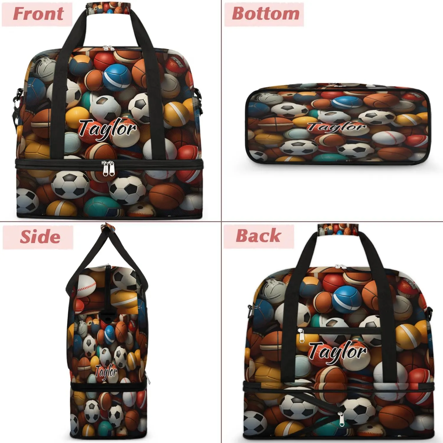 Customized Gym Bag for Women, Personalized Sports Balls Travel Duffel Bag with Name, Ball Sport Weekender Overnight Bag with Shoes Compartment for Men Travel Yoga