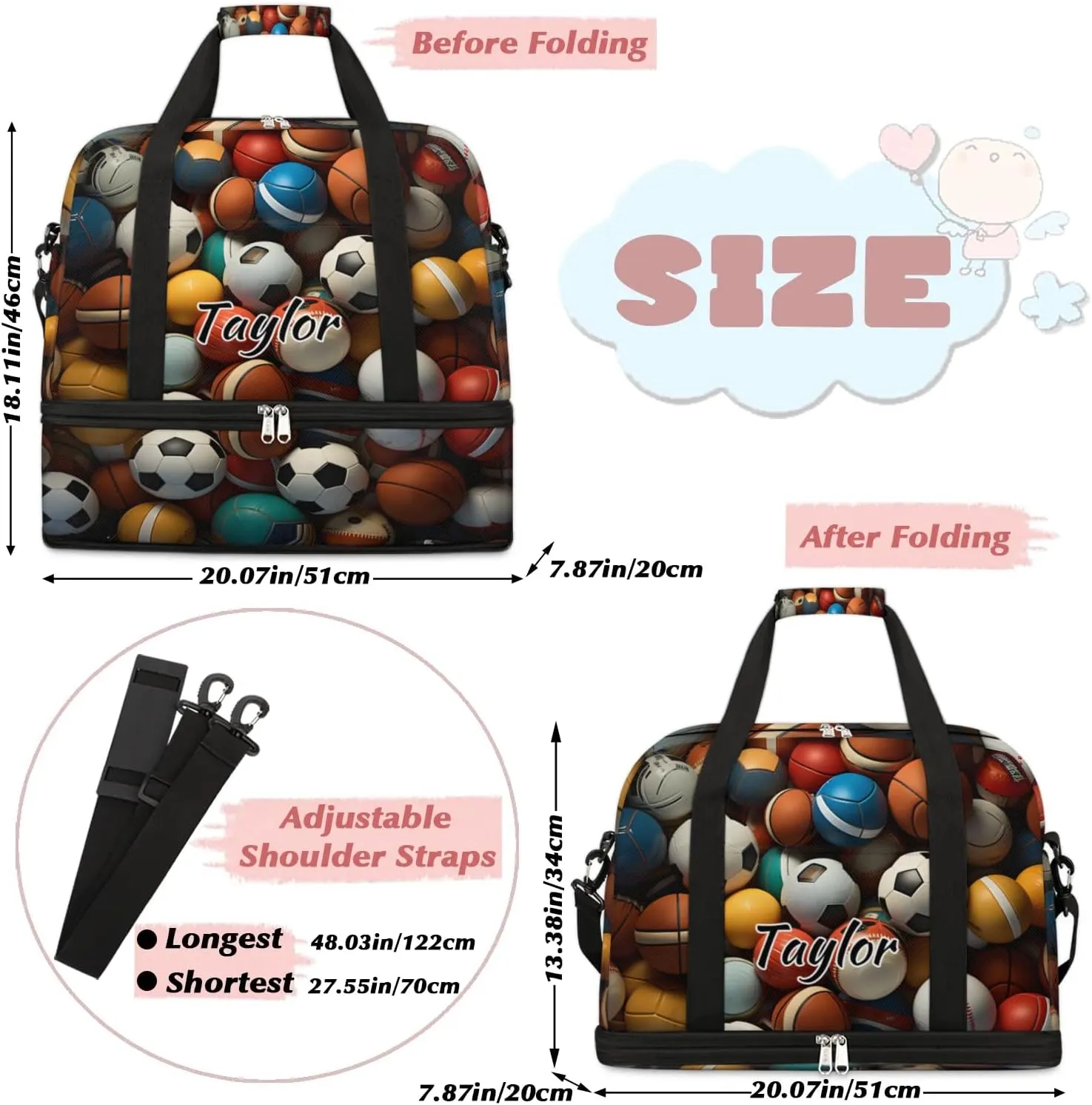 Customized Gym Bag for Women, Personalized Sports Balls Travel Duffel Bag with Name, Ball Sport Weekender Overnight Bag with Shoes Compartment for Men Travel Yoga