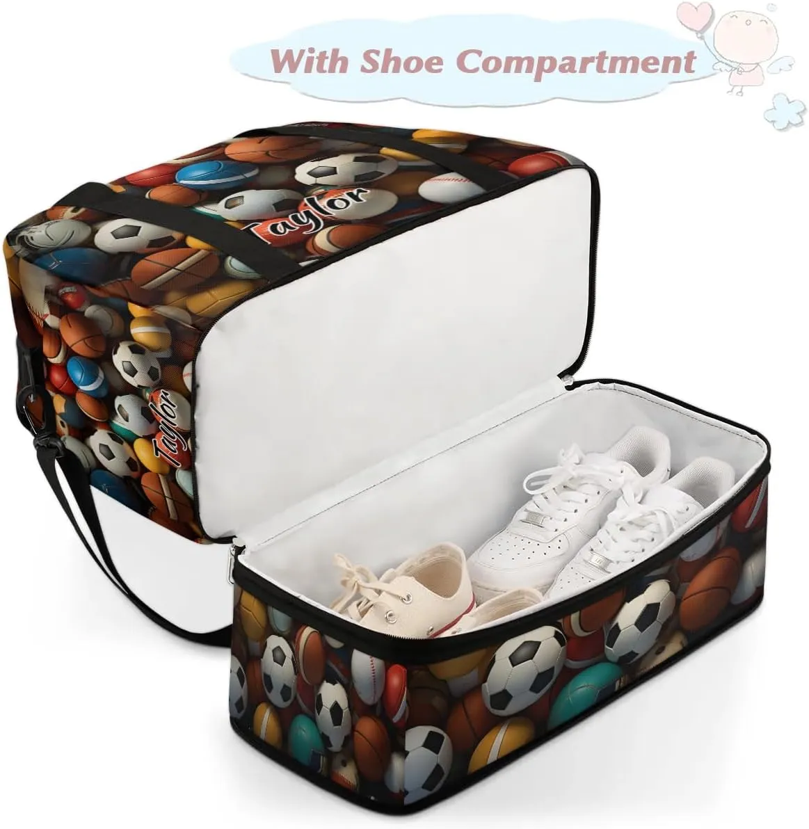 Customized Gym Bag for Women, Personalized Sports Balls Travel Duffel Bag with Name, Ball Sport Weekender Overnight Bag with Shoes Compartment for Men Travel Yoga