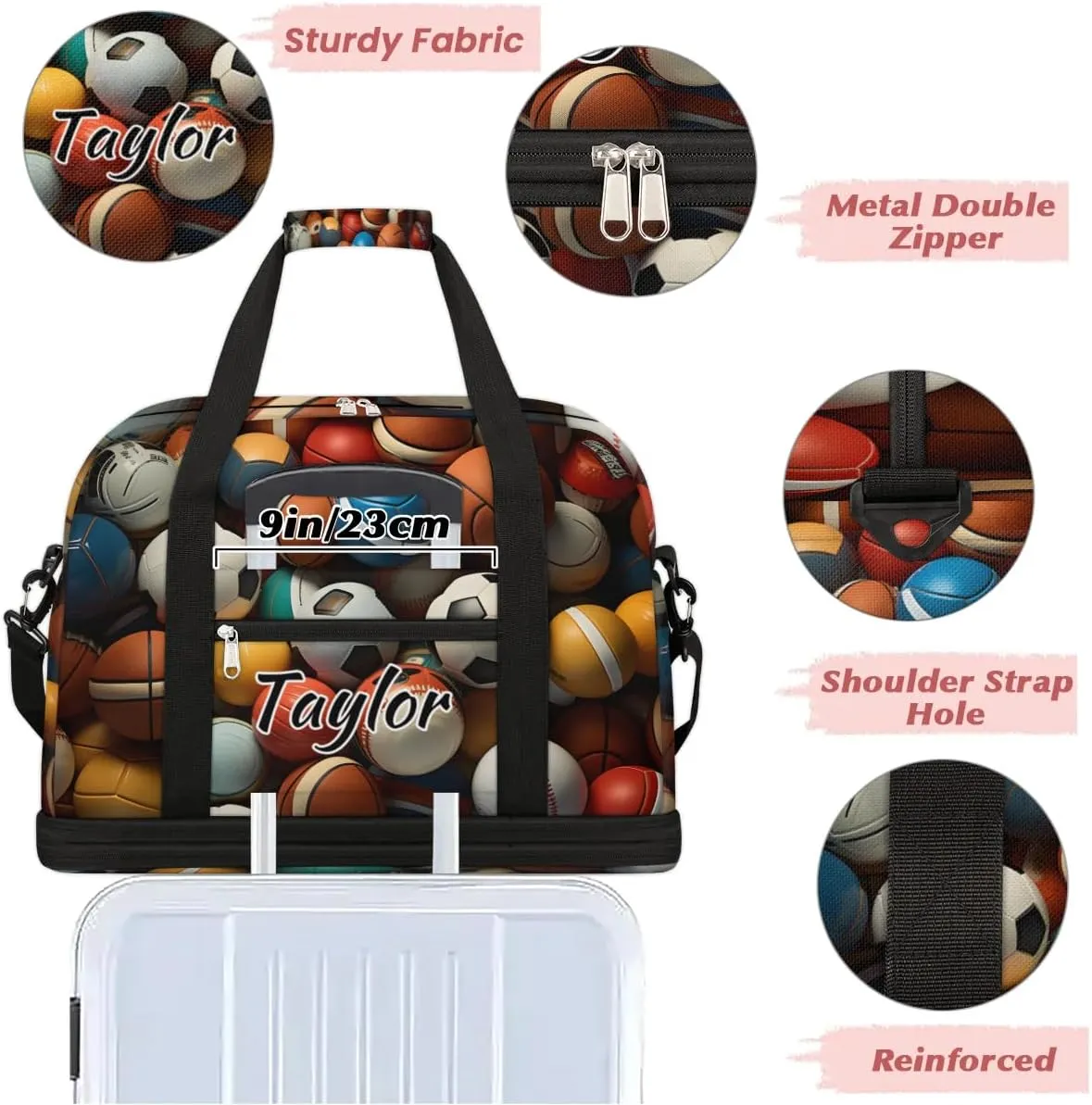 Customized Gym Bag for Women, Personalized Sports Balls Travel Duffel Bag with Name, Ball Sport Weekender Overnight Bag with Shoes Compartment for Men Travel Yoga