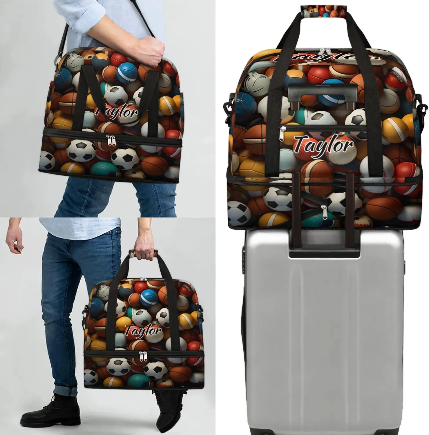 Customized Gym Bag for Women, Personalized Sports Balls Travel Duffel Bag with Name, Ball Sport Weekender Overnight Bag with Shoes Compartment for Men Travel Yoga
