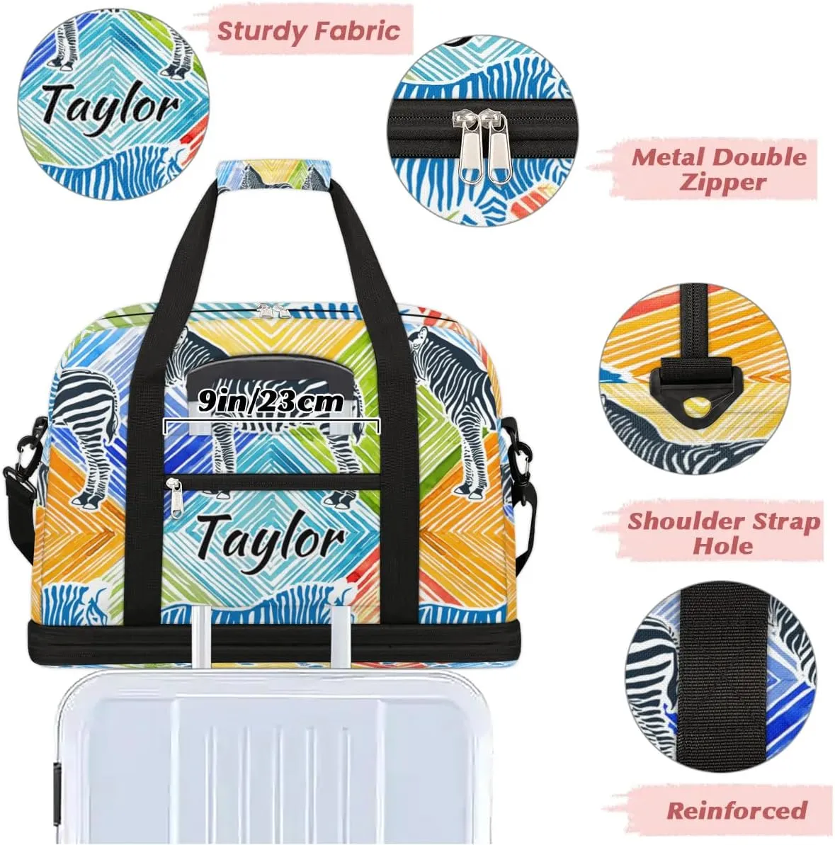 Customized Gym Bag for Women, Personalized Zebra Print Travel Duffel Bag with Name, Colorful Animals Weekender Overnight Bag with Shoes Compartment for Men Travel Yoga