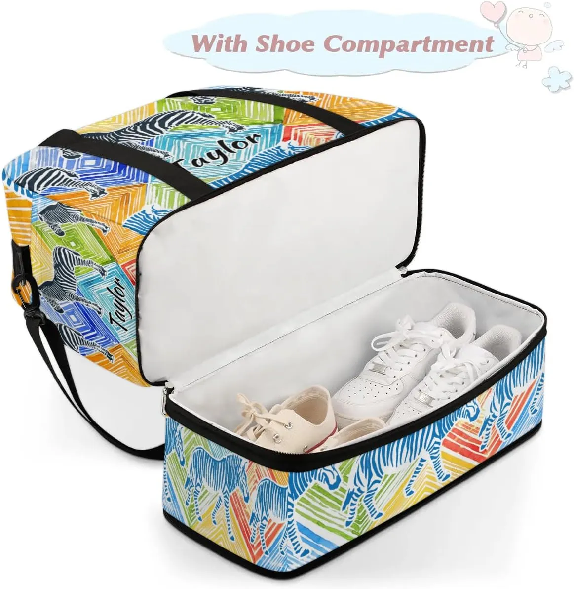 Customized Gym Bag for Women, Personalized Zebra Print Travel Duffel Bag with Name, Colorful Animals Weekender Overnight Bag with Shoes Compartment for Men Travel Yoga