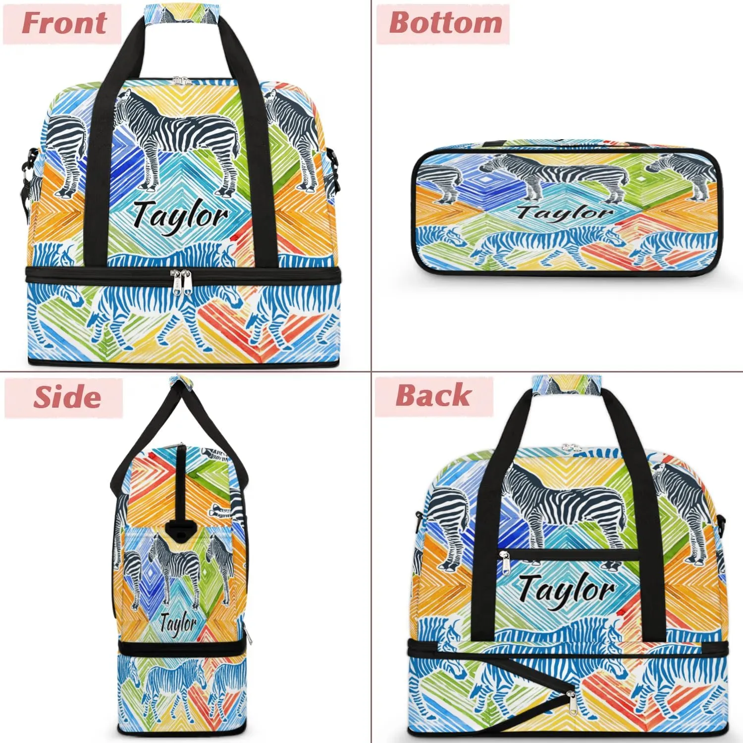 Customized Gym Bag for Women, Personalized Zebra Print Travel Duffel Bag with Name, Colorful Animals Weekender Overnight Bag with Shoes Compartment for Men Travel Yoga