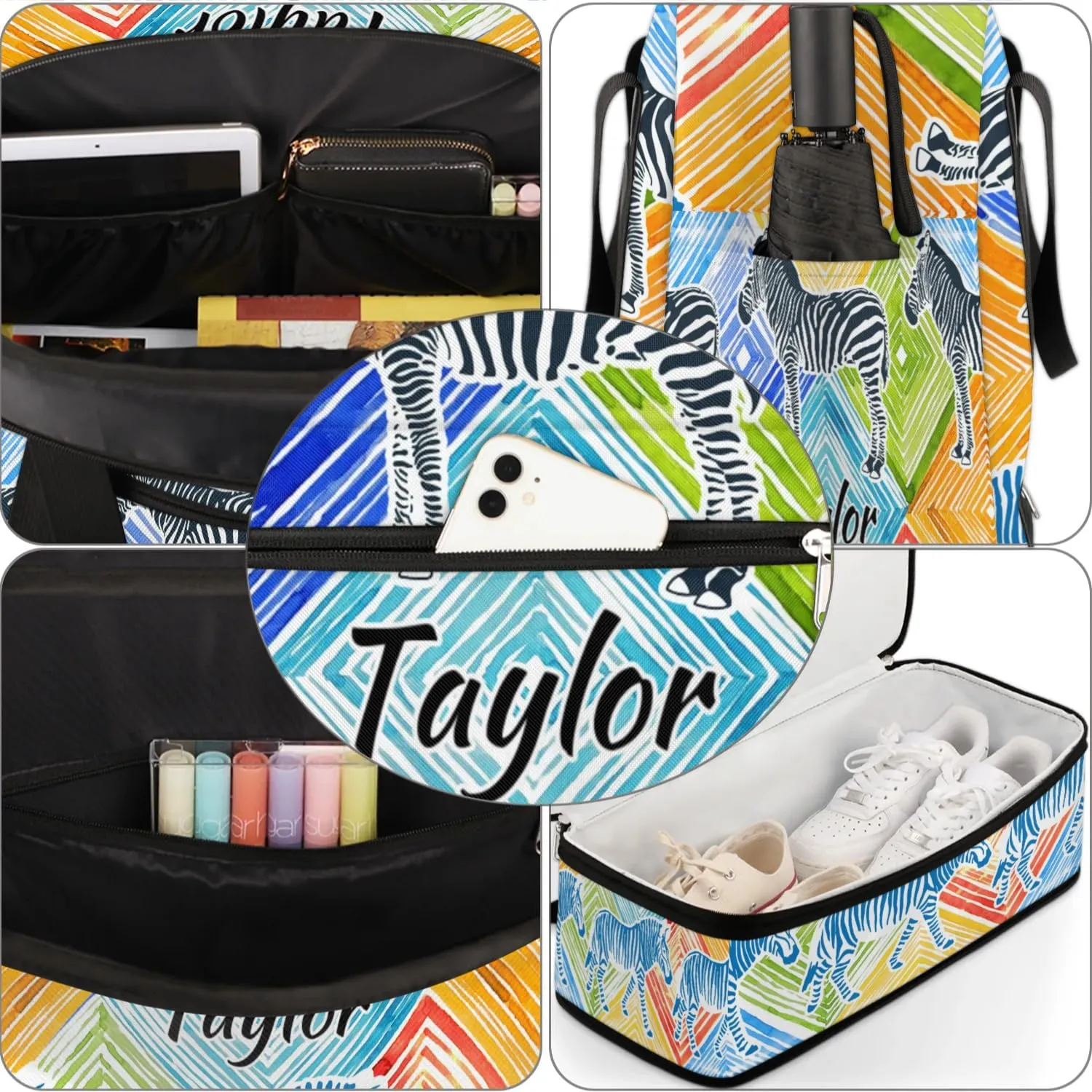 Customized Gym Bag for Women, Personalized Zebra Print Travel Duffel Bag with Name, Colorful Animals Weekender Overnight Bag with Shoes Compartment for Men Travel Yoga