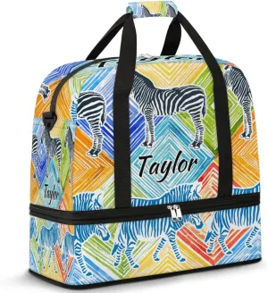 Customized Gym Bag for Women, Personalized Zebra Print Travel Duffel Bag with Name, Colorful Animals Weekender Overnight Bag with Shoes Compartment for Men Travel Yoga