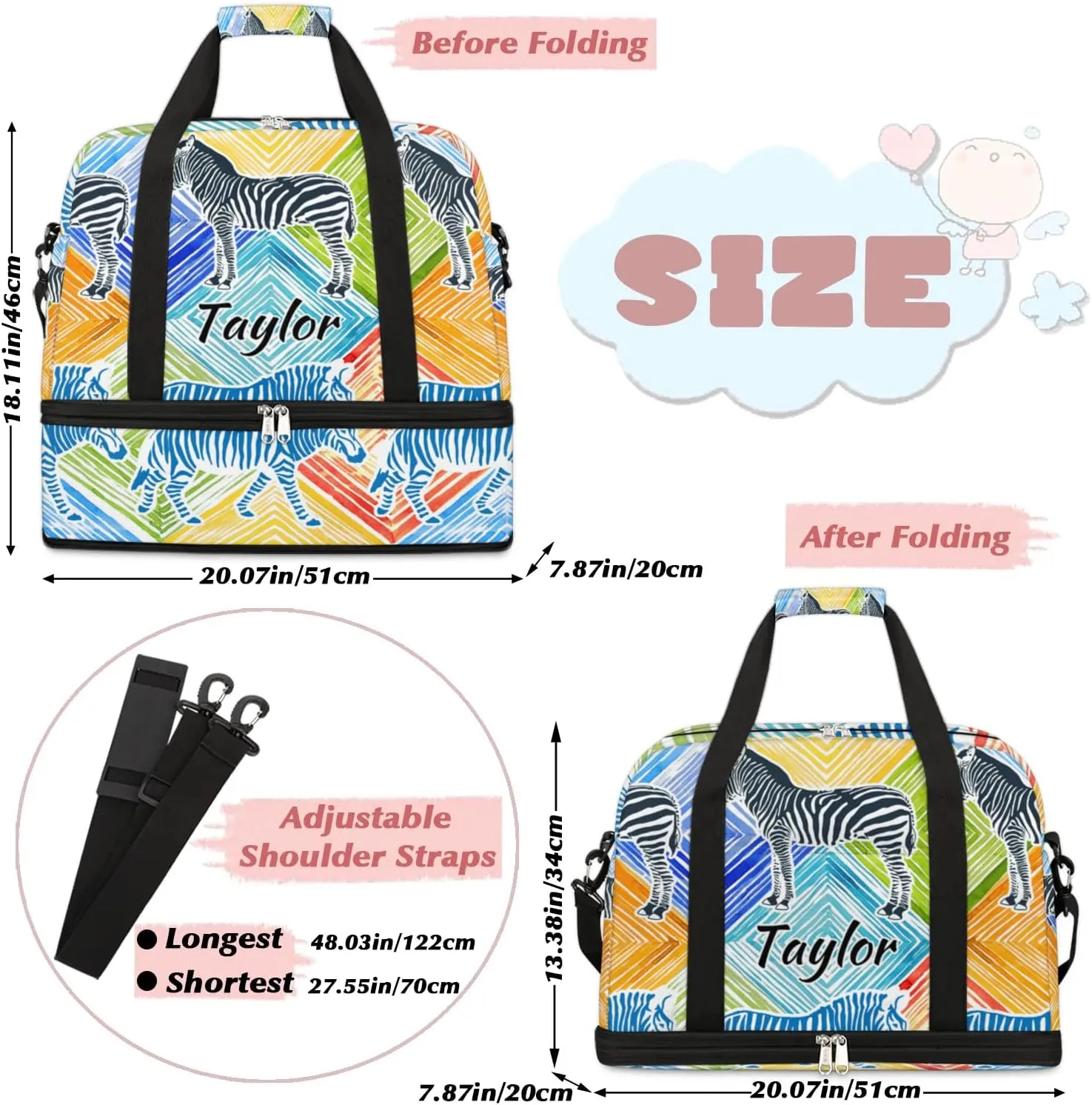 Customized Gym Bag for Women, Personalized Zebra Print Travel Duffel Bag with Name, Colorful Animals Weekender Overnight Bag with Shoes Compartment for Men Travel Yoga