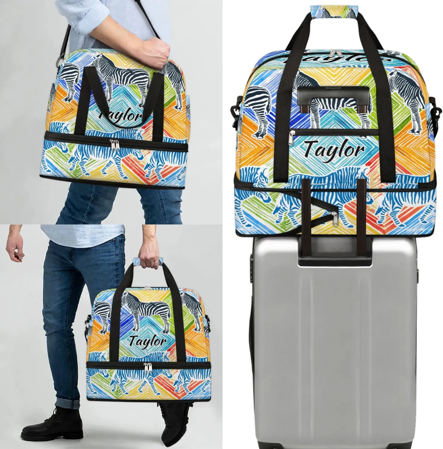 Customized Gym Bag for Women, Personalized Zebra Print Travel Duffel Bag with Name, Colorful Animals Weekender Overnight Bag with Shoes Compartment for Men Travel Yoga