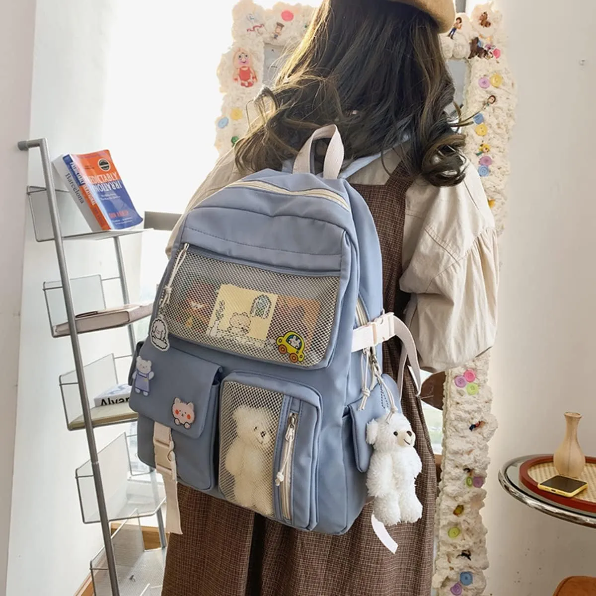 Cute Backpack with Cute Pin Accessories Plush Pendant for School Bag Student Girl Backpack Super-Capacity Waterproof Travel Backpack(Blue)