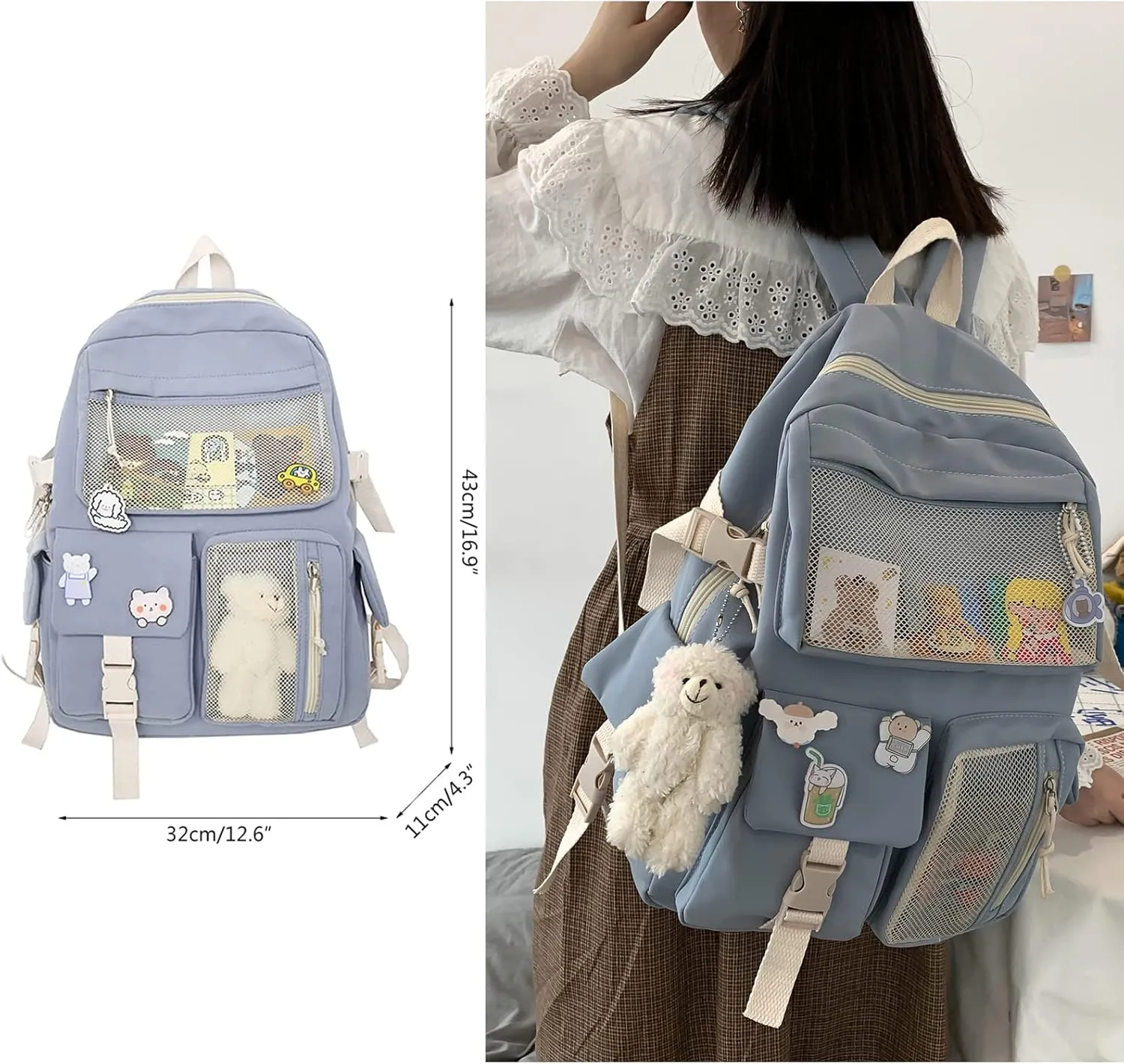 Cute Backpack with Cute Pin Accessories Plush Pendant for School Bag Student Girl Backpack Super-Capacity Waterproof Travel Backpack(Blue)