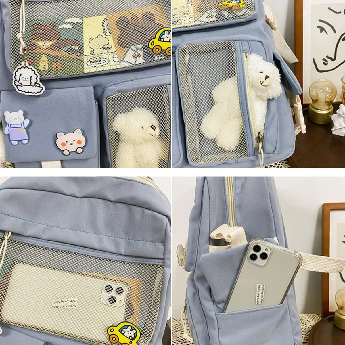 Cute Backpack with Cute Pin Accessories Plush Pendant for School Bag Student Girl Backpack Super-Capacity Waterproof Travel Backpack(Blue)