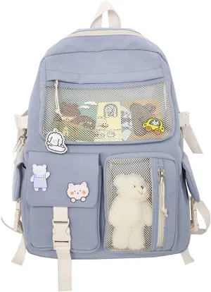 Cute Backpack with Cute Pin Accessories Plush Pendant for School Bag Student Girl Backpack Super-Capacity Waterproof Travel Backpack(Blue)
