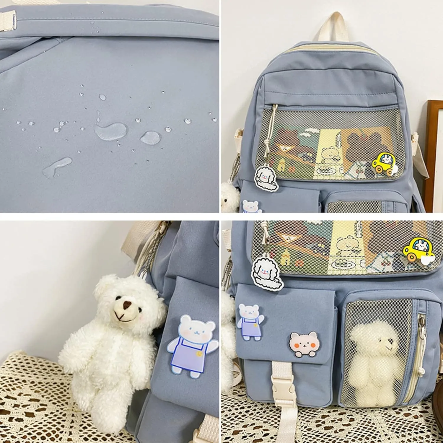 Cute Backpack with Cute Pin Accessories Plush Pendant for School Bag Student Girl Backpack Super-Capacity Waterproof Travel Backpack(Blue)