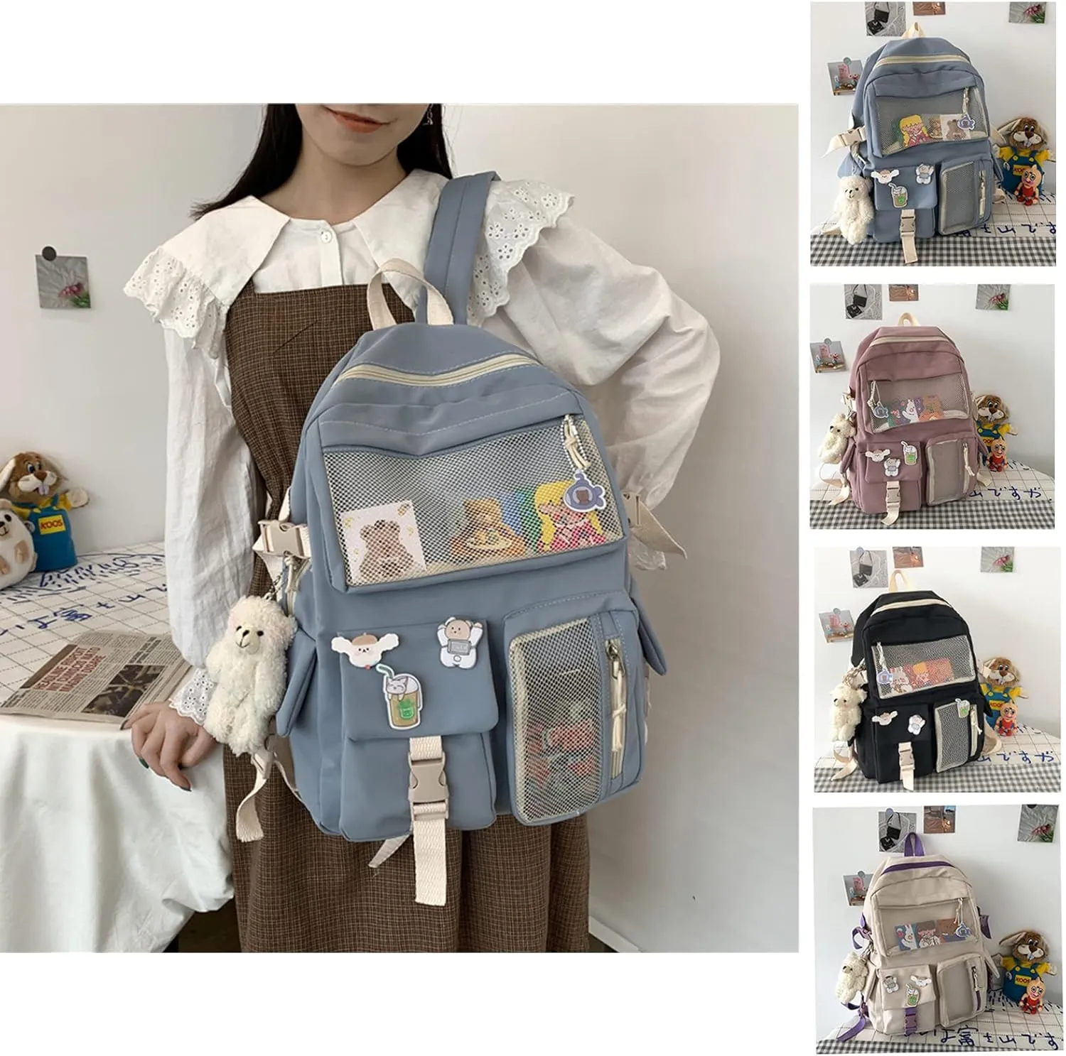 Cute Backpack with Cute Pin Accessories Plush Pendant for School Bag Student Girl Backpack Super-Capacity Waterproof Travel Backpack(Blue)