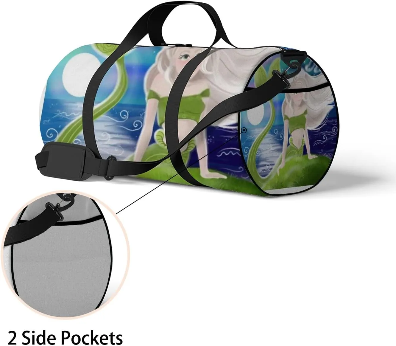 Cute Beautiful Green Mermaid Night Sky Sports Bag Tote Bag Waterproof Gym Bag with Shoulder Strap Zipper 2 Side Pockets for Men and Women, Travel and Storage Shoulder Bag.