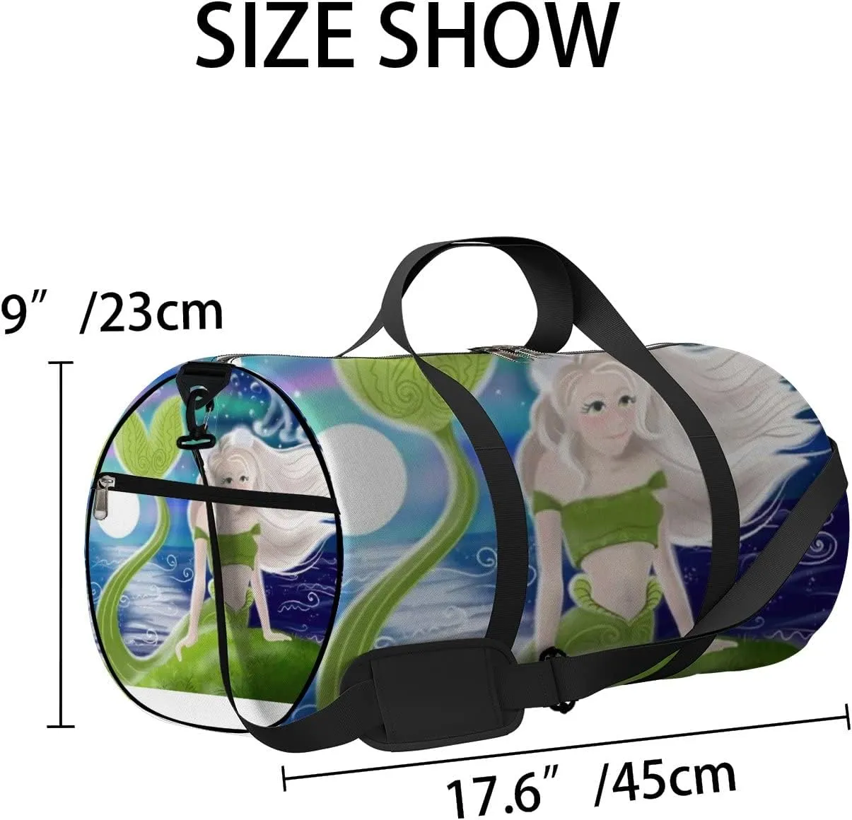 Cute Beautiful Green Mermaid Night Sky Sports Bag Tote Bag Waterproof Gym Bag with Shoulder Strap Zipper 2 Side Pockets for Men and Women, Travel and Storage Shoulder Bag.