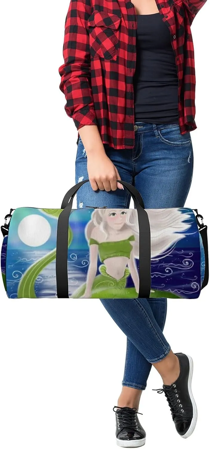 Cute Beautiful Green Mermaid Night Sky Sports Bag Tote Bag Waterproof Gym Bag with Shoulder Strap Zipper 2 Side Pockets for Men and Women, Travel and Storage Shoulder Bag.