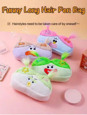 Cute DIY Pen Bag Case Box Stocking Stuffers Cute Creative Long Hair Doll Colorful Cartoon Large Capacity Zipper Organizer Storage Bag Box Nice Gift (Green)