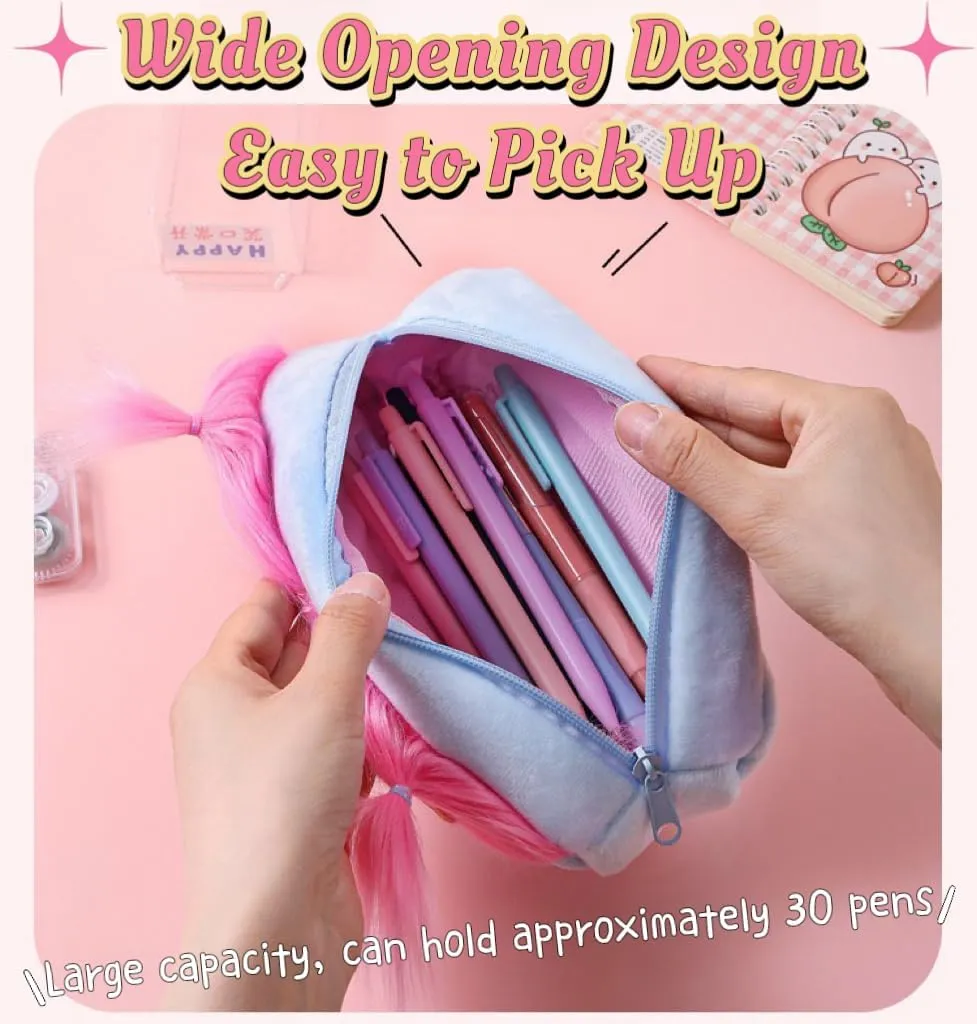 Cute DIY Pen Bag Case Box Stocking Stuffers Cute Creative Long Hair Doll Colorful Cartoon Large Capacity Zipper Organizer Storage Bag Box Nice Gift (Green)