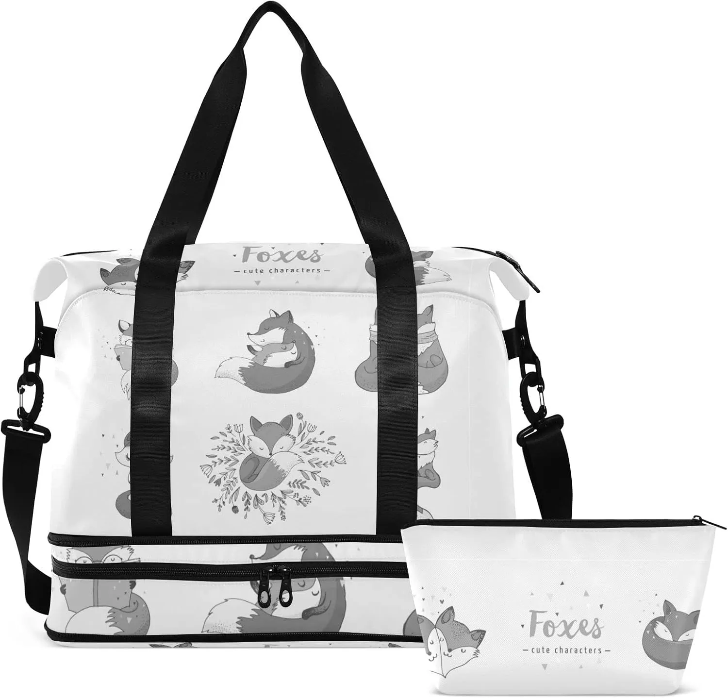 Cute Foxes Different Actions Seamless Black White Pattern Gym Duffel Bag, Polyester Travel Weekender Luggage Handbag with Waterproof Pocket for Wet Items, Unisex Foldable Tote for Sports