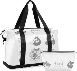 Cute Foxes Different Actions Seamless Black White Pattern Gym Duffel Bag, Polyester Travel Weekender Luggage Handbag with Waterproof Pocket for Wet Items, Unisex Foldable Tote for Sports