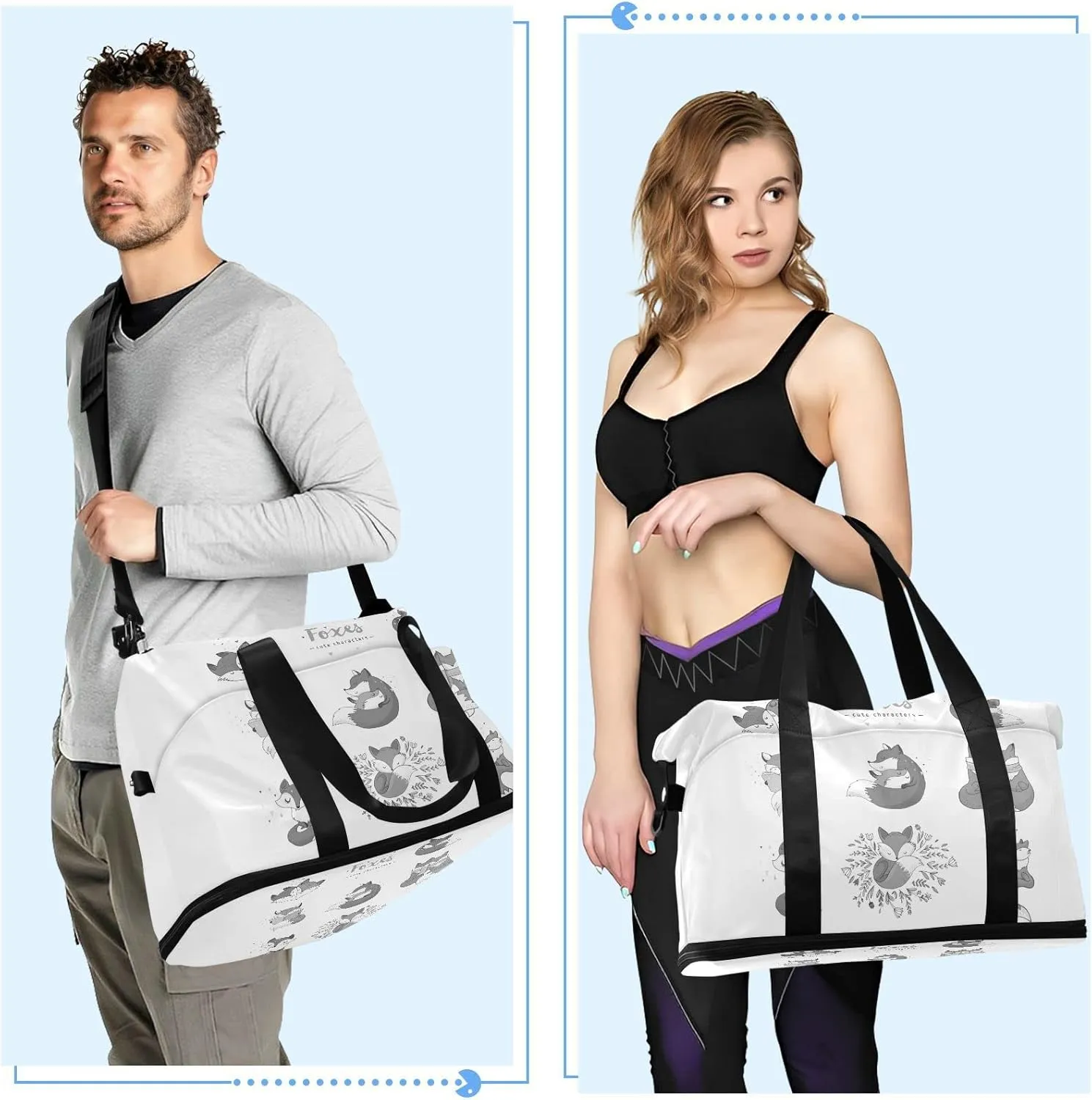 Cute Foxes Different Actions Seamless Black White Pattern Gym Duffel Bag, Polyester Travel Weekender Luggage Handbag with Waterproof Pocket for Wet Items, Unisex Foldable Tote for Sports