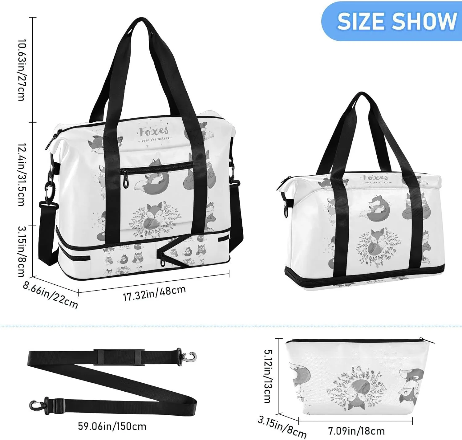 Cute Foxes Different Actions Seamless Black White Pattern Gym Duffel Bag, Polyester Travel Weekender Luggage Handbag with Waterproof Pocket for Wet Items, Unisex Foldable Tote for Sports