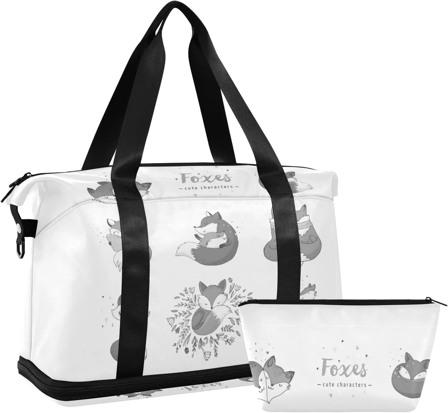 Cute Foxes Different Actions Seamless Black White Pattern Gym Duffel Bag, Polyester Travel Weekender Luggage Handbag with Waterproof Pocket for Wet Items, Unisex Foldable Tote for Sports