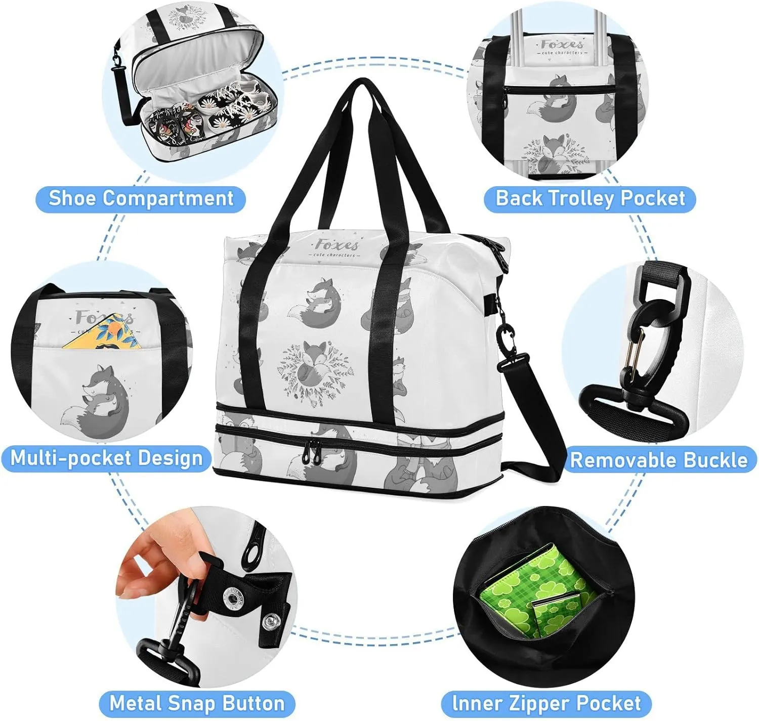Cute Foxes Different Actions Seamless Black White Pattern Gym Duffel Bag, Polyester Travel Weekender Luggage Handbag with Waterproof Pocket for Wet Items, Unisex Foldable Tote for Sports