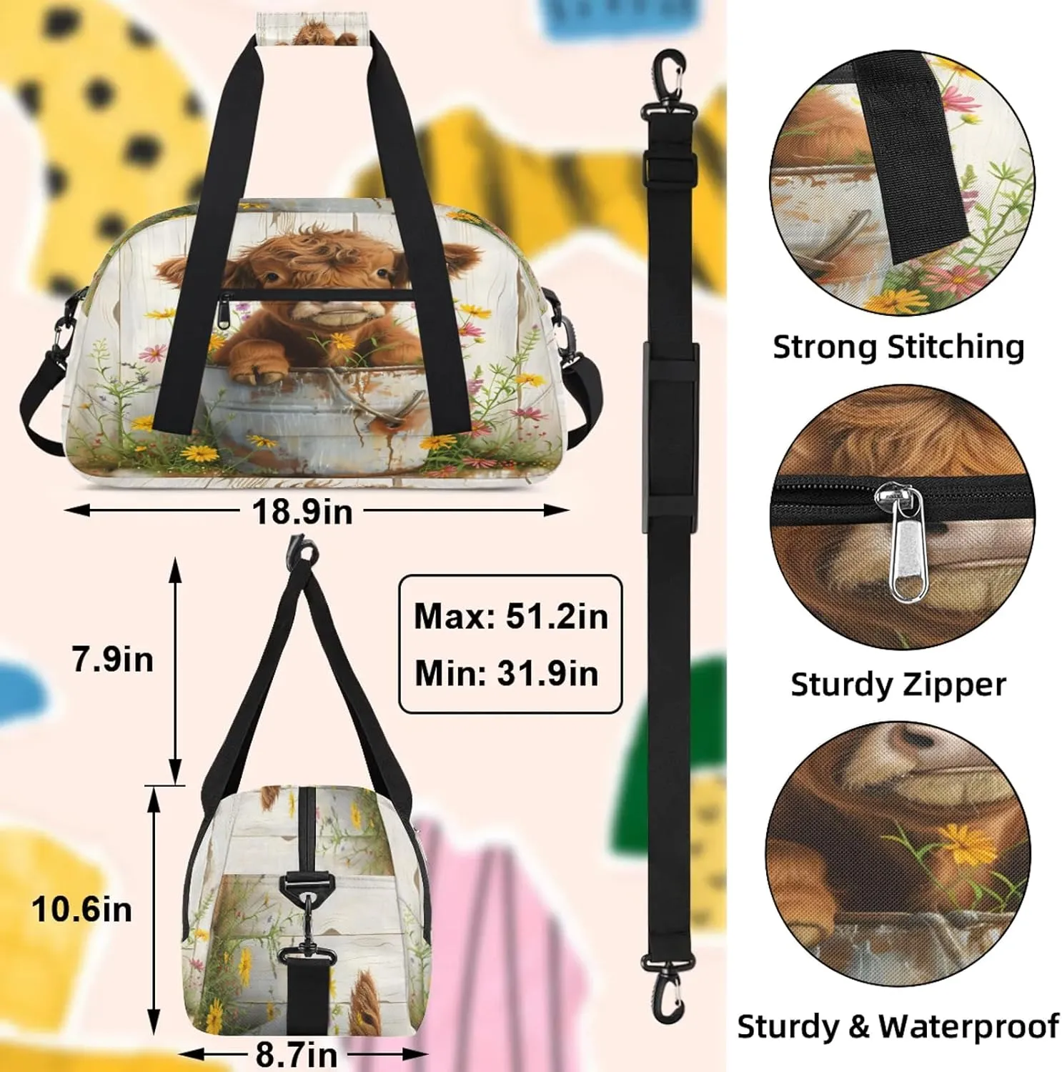 Cute Highland Cow Small Gym Bag 18 inch Carry On Duffel Bag for Weekender Travel Sports Workout Yoga Gymnastics Dance Ballet