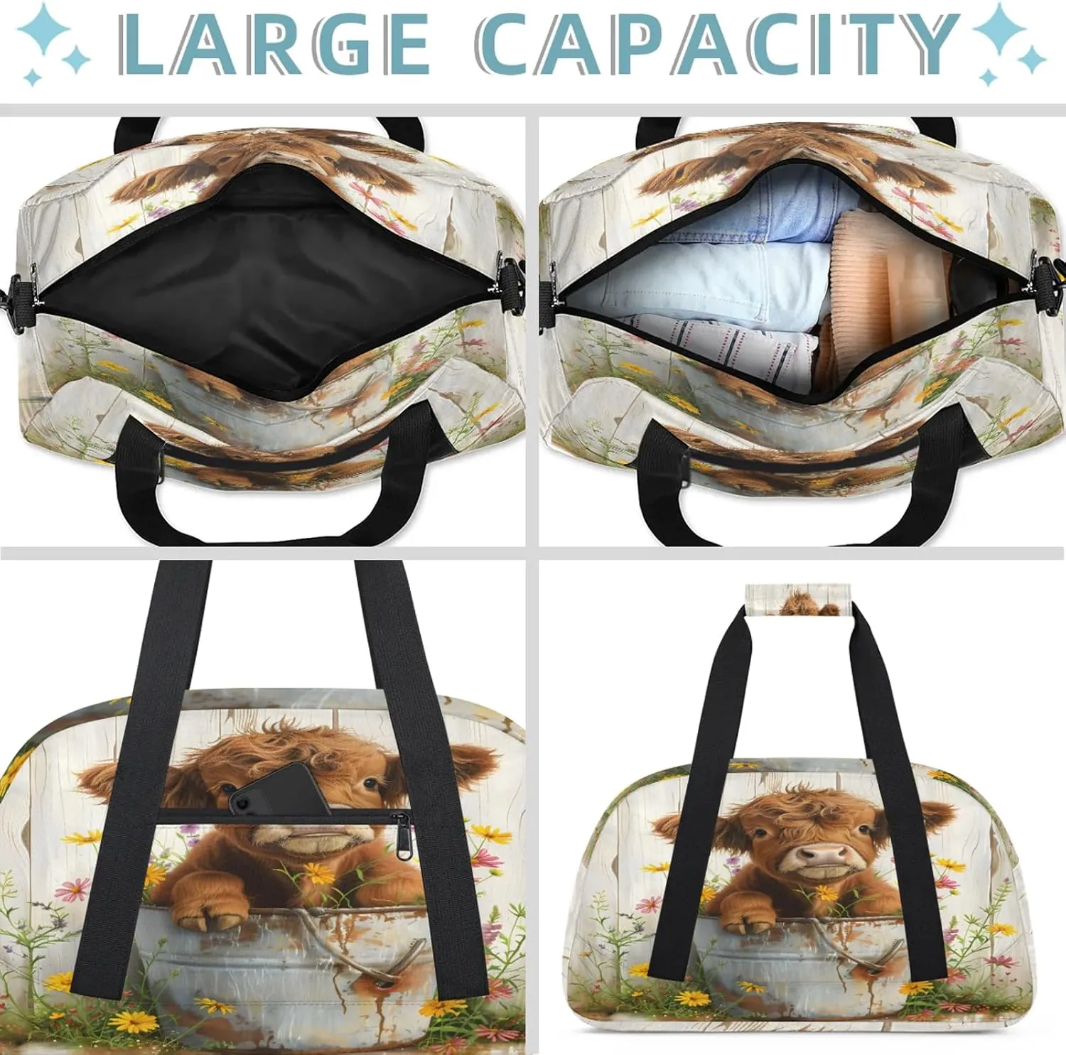 Cute Highland Cow Small Gym Bag 18 inch Carry On Duffel Bag for Weekender Travel Sports Workout Yoga Gymnastics Dance Ballet