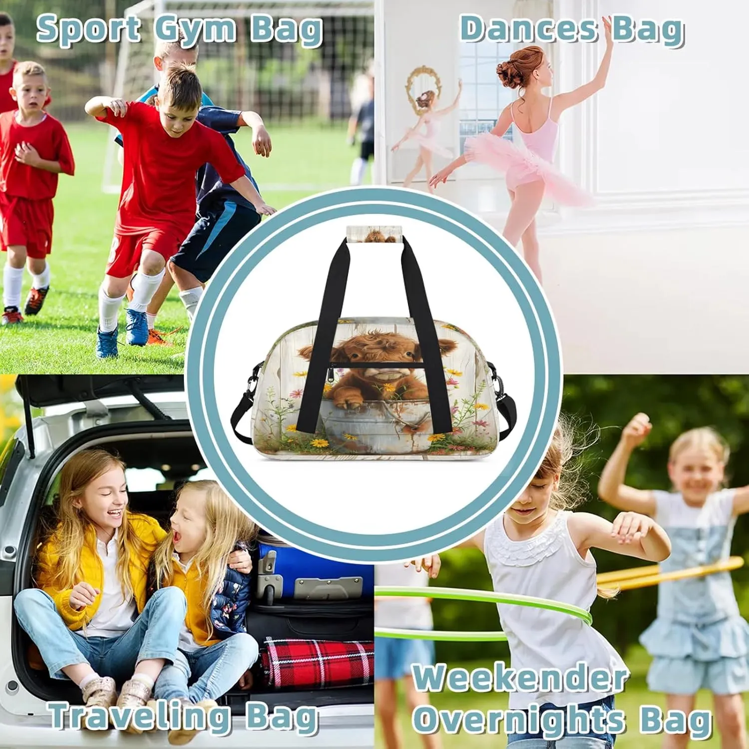 Cute Highland Cow Small Gym Bag 18 inch Carry On Duffel Bag for Weekender Travel Sports Workout Yoga Gymnastics Dance Ballet