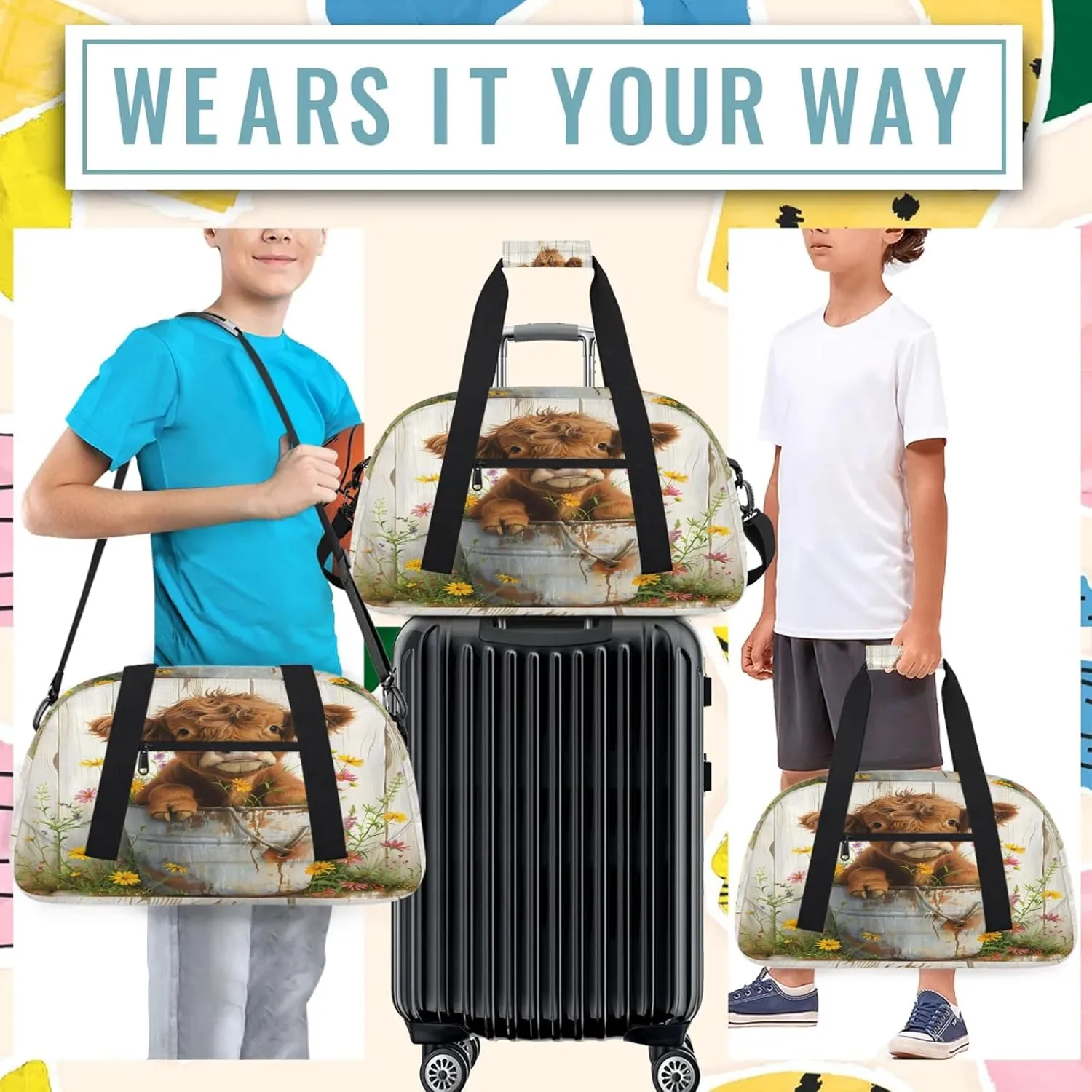 Cute Highland Cow Small Gym Bag 18 inch Carry On Duffel Bag for Weekender Travel Sports Workout Yoga Gymnastics Dance Ballet