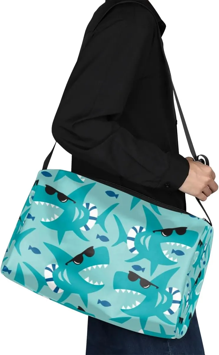 Cute Ocean Shark Small Gym Bag for Men Women Workout Sport Duffle Bag Waterproof Weekender Overnight Bag Lightweight Carry on Tote Bag Crossbody Shoulder Travel Bag for Swim Yoge Dance