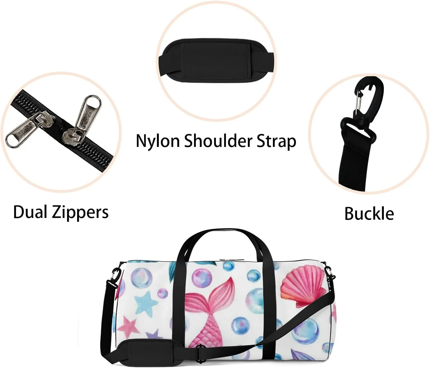 Cute Pink and Green Mermaid Tails Sports Bag Tote Bag Waterproof Gym Bag with Shoulder Strap Zipper 2 Side Pockets for Men and Women, Travel and Storage Shoulder Bag.