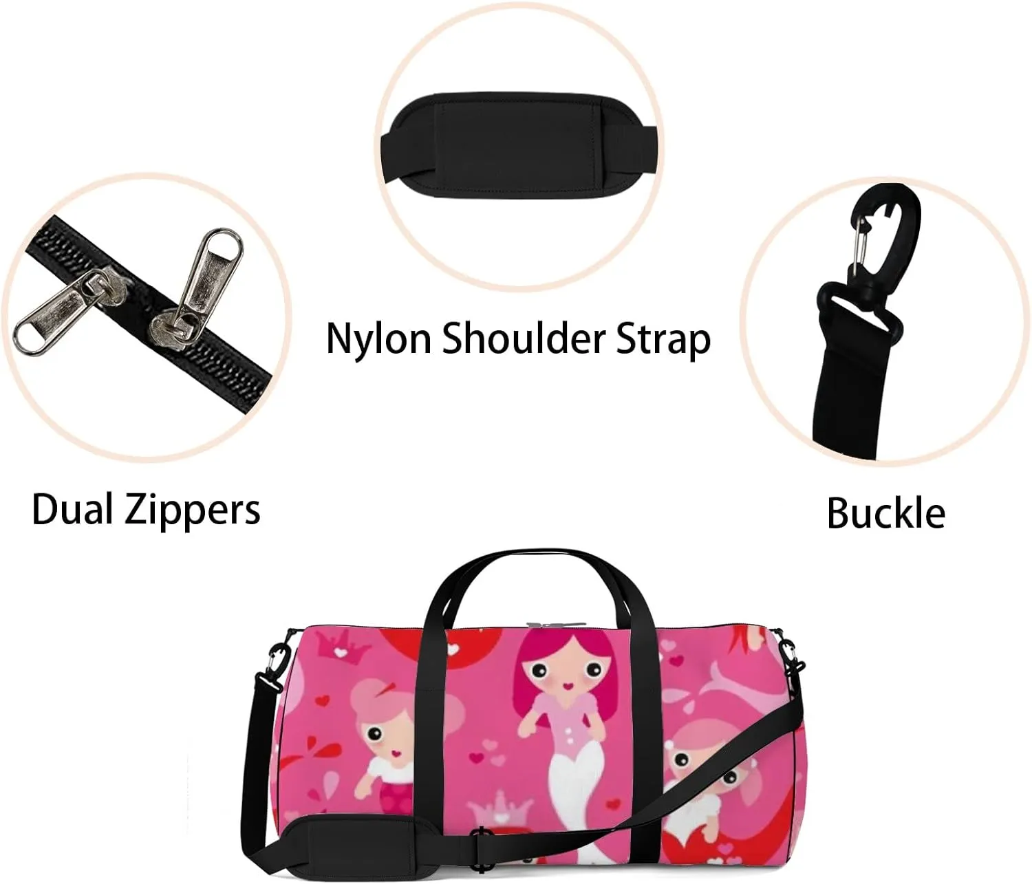 Cute Pink Red Mermaid Princess Girls Sports Bag Tote Bag Waterproof Gym Bag with Shoulder Strap Zipper 2 Side Pockets for Men and Women, Travel and Storage Shoulder Bag.