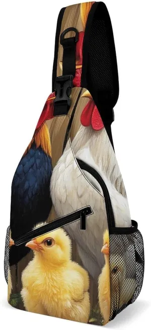 Cute Sling Shoulder Backpack, Backpacking, Chicken Rooster Garden Flowers Painting Crossbody Daypacks Chest Shoulder Packs, Bookbag, Gym Bags Sack Daypack Outdoor Backpack for Men Women
