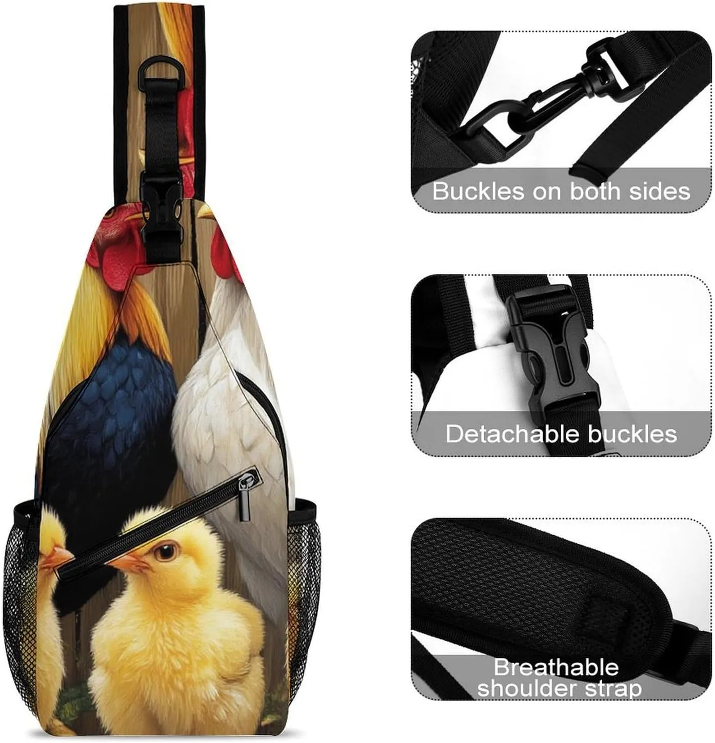 Cute Sling Shoulder Backpack, Backpacking, Chicken Rooster Garden Flowers Painting Crossbody Daypacks Chest Shoulder Packs, Bookbag, Gym Bags Sack Daypack Outdoor Backpack for Men Women