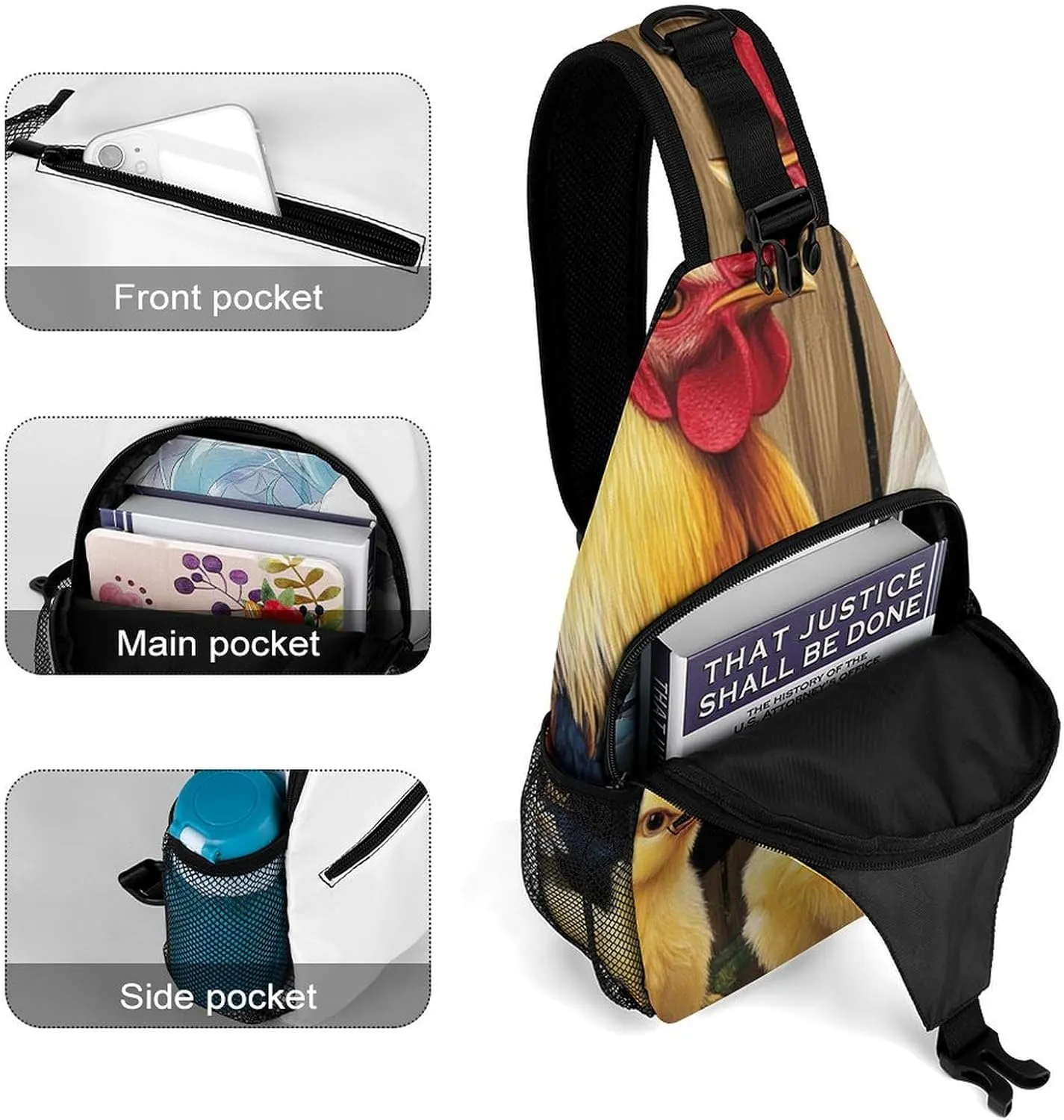 Cute Sling Shoulder Backpack, Backpacking, Chicken Rooster Garden Flowers Painting Crossbody Daypacks Chest Shoulder Packs, Bookbag, Gym Bags Sack Daypack Outdoor Backpack for Men Women