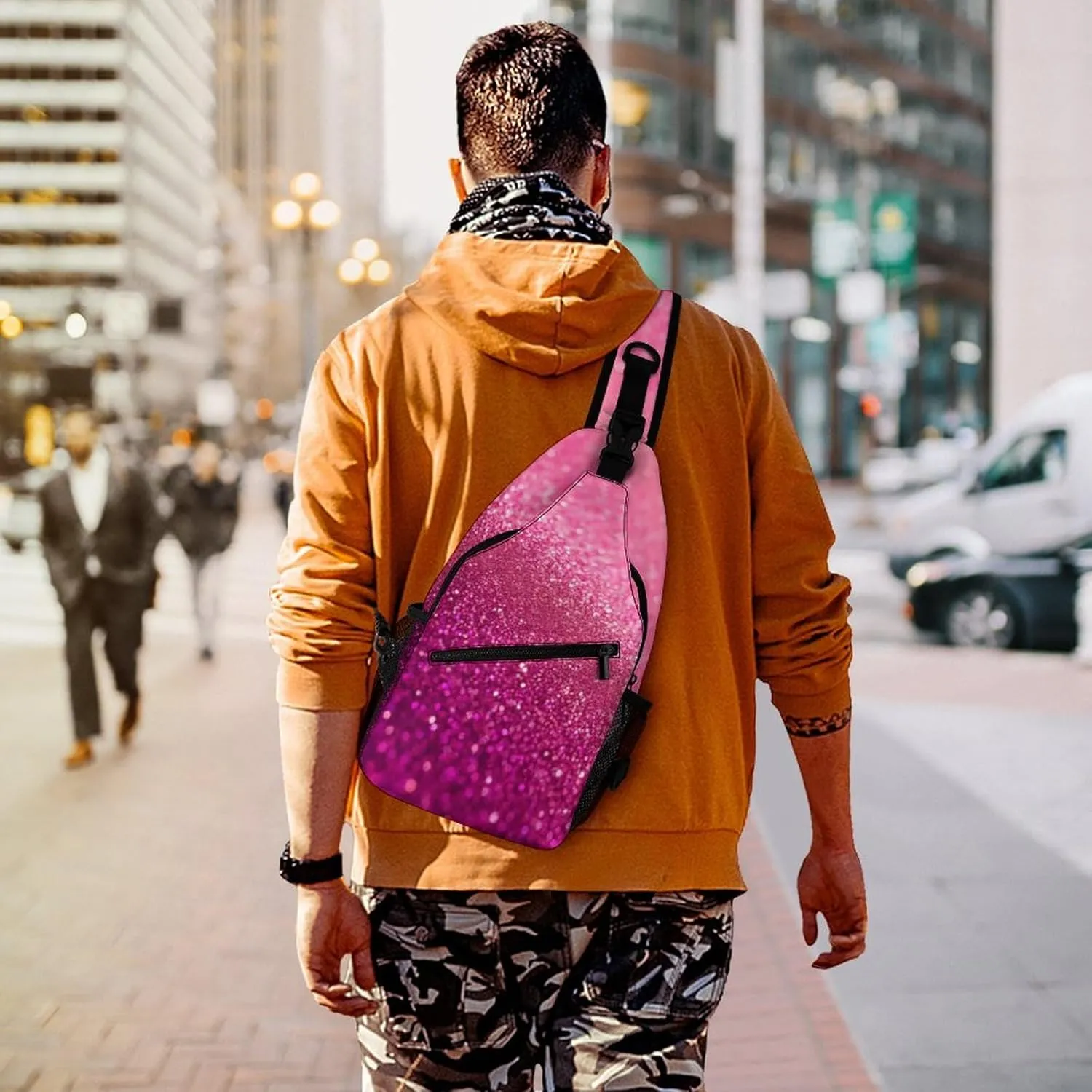 Cute Sling Shoulder Backpack, Backpacking, Pink Glitter Pattern Crossbody Daypacks Chest Shoulder Packs, Bookbag, Gym Bags Sack Daypack Outdoor Backpack for Men Women