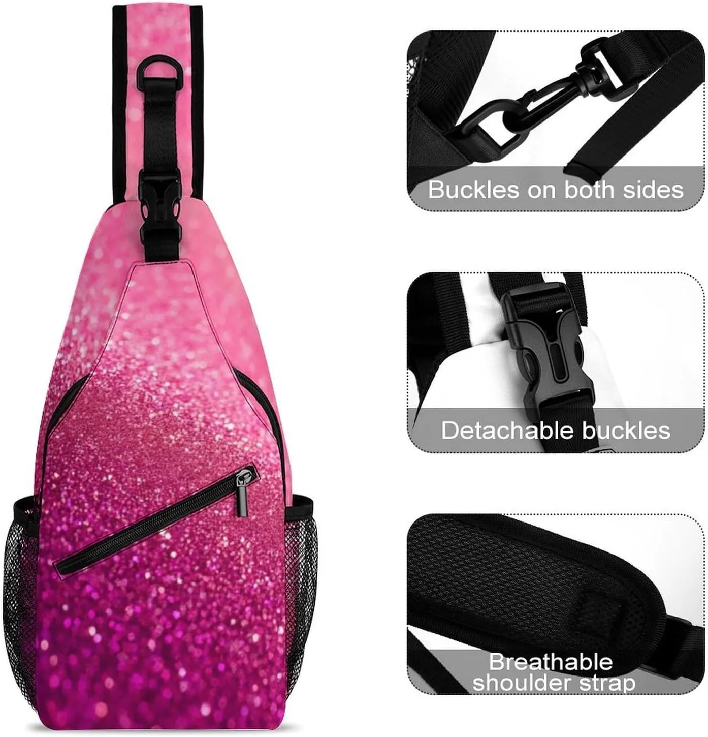 Cute Sling Shoulder Backpack, Backpacking, Pink Glitter Pattern Crossbody Daypacks Chest Shoulder Packs, Bookbag, Gym Bags Sack Daypack Outdoor Backpack for Men Women