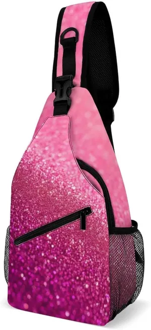 Cute Sling Shoulder Backpack, Backpacking, Pink Glitter Pattern Crossbody Daypacks Chest Shoulder Packs, Bookbag, Gym Bags Sack Daypack Outdoor Backpack for Men Women