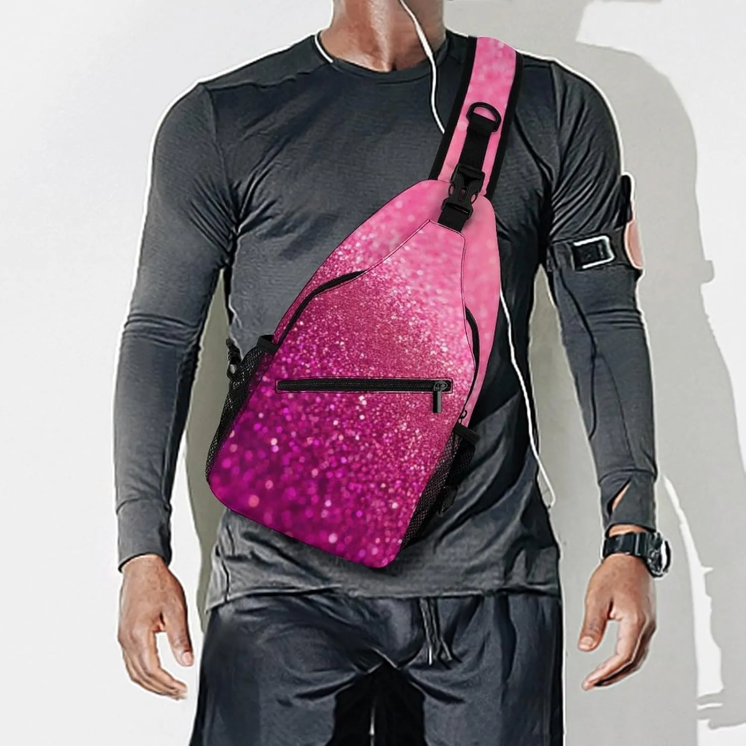 Cute Sling Shoulder Backpack, Backpacking, Pink Glitter Pattern Crossbody Daypacks Chest Shoulder Packs, Bookbag, Gym Bags Sack Daypack Outdoor Backpack for Men Women