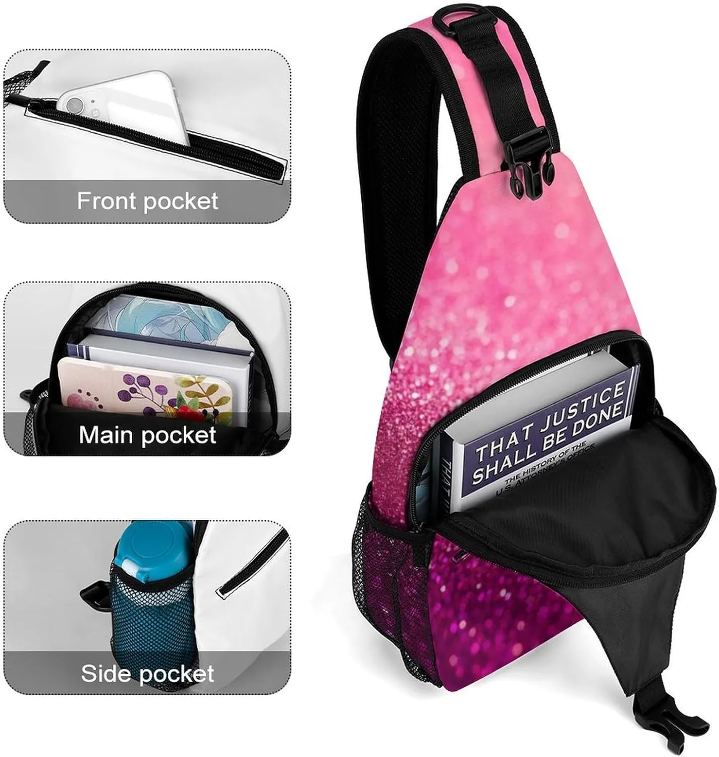 Cute Sling Shoulder Backpack, Backpacking, Pink Glitter Pattern Crossbody Daypacks Chest Shoulder Packs, Bookbag, Gym Bags Sack Daypack Outdoor Backpack for Men Women