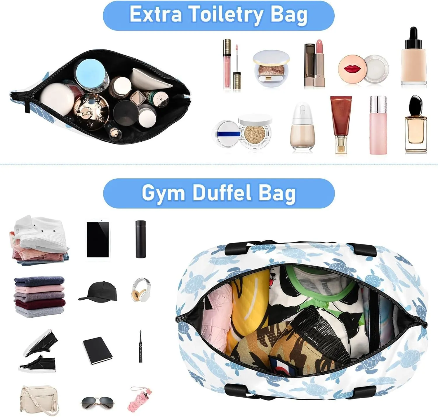Cute Turtle Blue Big Bag for Travel Waterproof Gym Bag Women, Weekender Bag for Women with Toiletry Bag