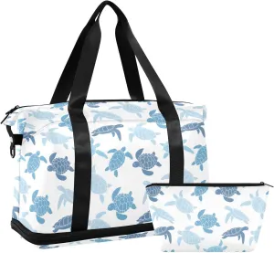 Cute Turtle Blue Big Bag for Travel Waterproof Gym Bag Women, Weekender Bag for Women with Toiletry Bag